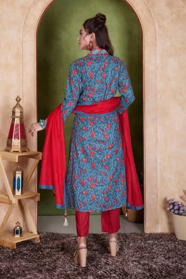 Blue Floral Printed Cotton Anarkali Suit Set