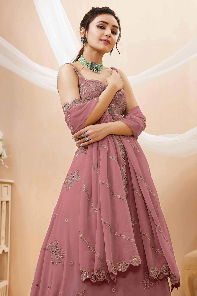 Peach Sequin with Floral Embroidered Georgette Lehenga (7060-PEACH)