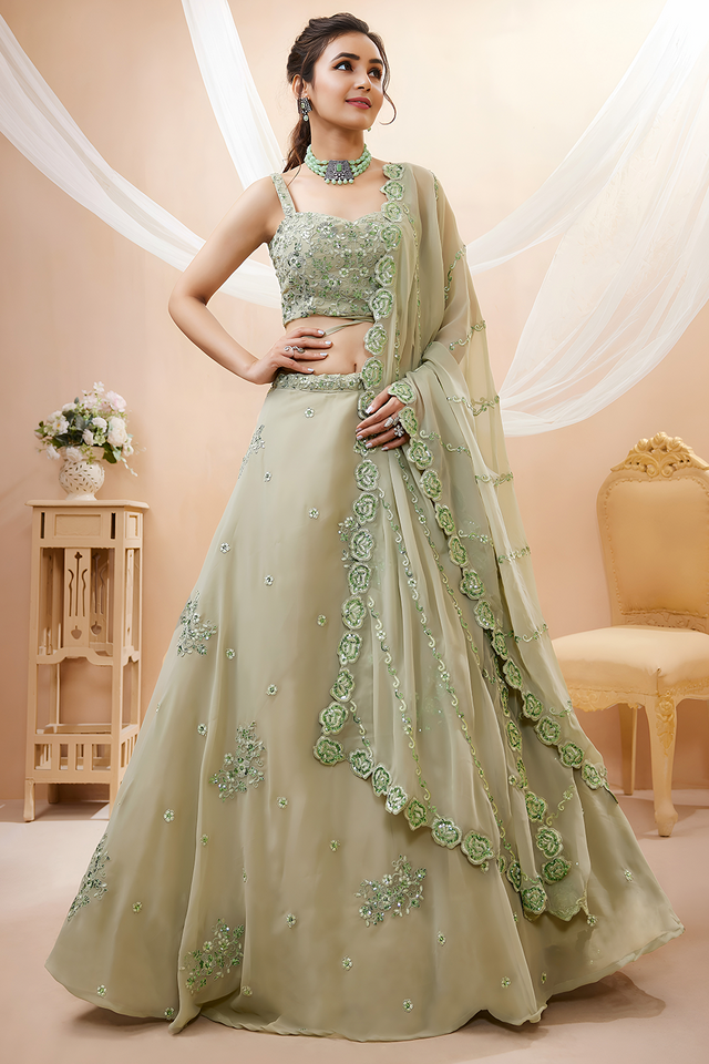 Green Sequin with Floral Embroidered Georgette Lehenga (7060-PISTA)