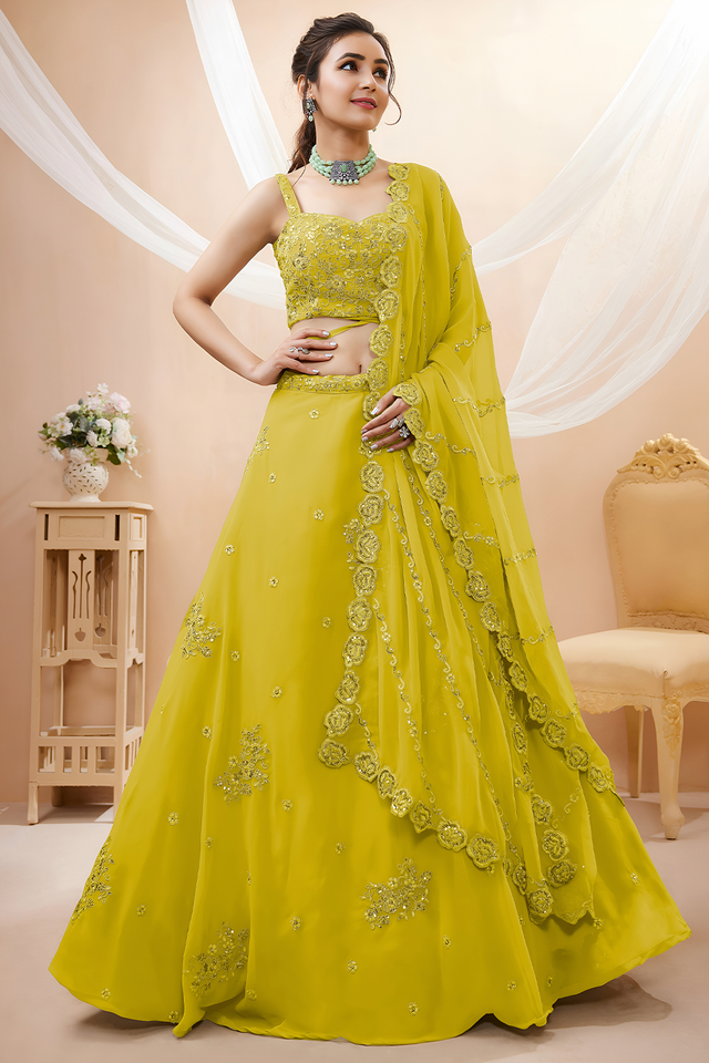 Yellow Sequin with Floral Embroidered Georgette Lehenga (7060-YELLOW)
