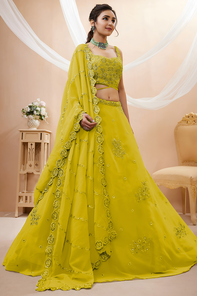 Yellow Sequin with Floral Embroidered Georgette Lehenga (7060-YELLOW)