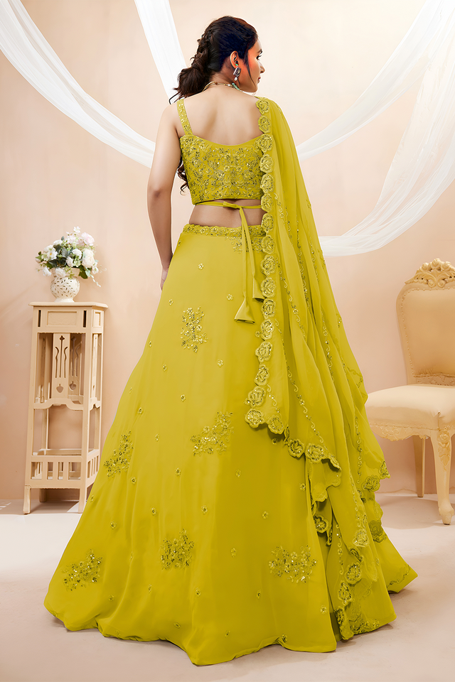 Yellow Sequin with Floral Embroidered Georgette Lehenga (7060-YELLOW)