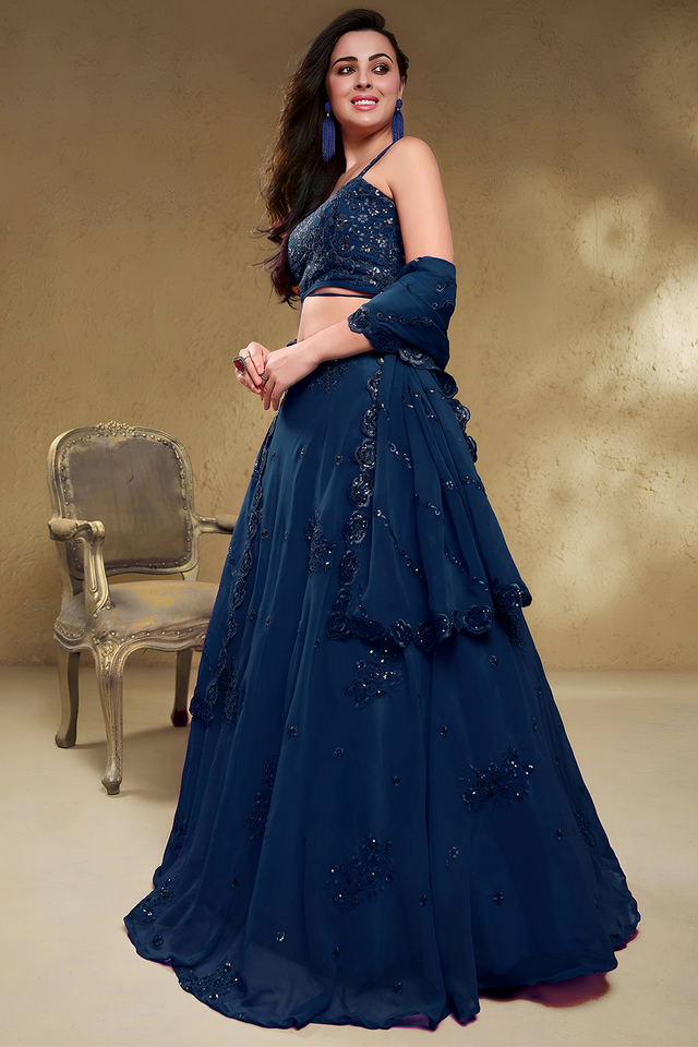Blue Sequin with Floral Embroidered Georgette Lehenga (7060-BLUE)