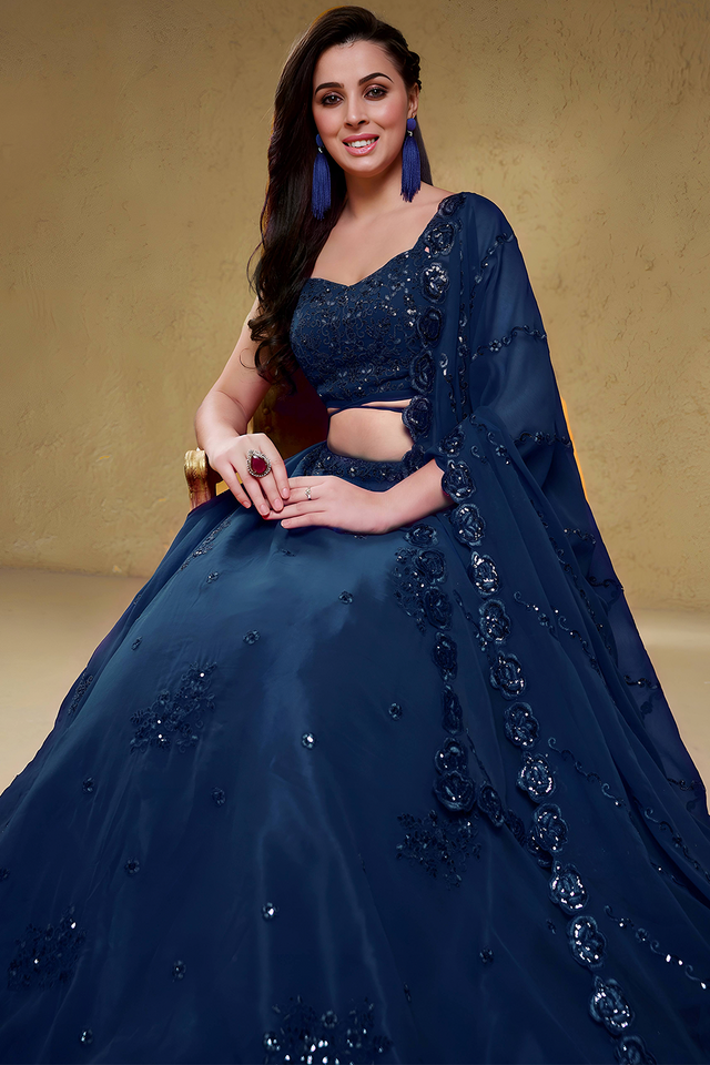 Blue Sequin with Floral Embroidered Georgette Lehenga (7060-BLUE)