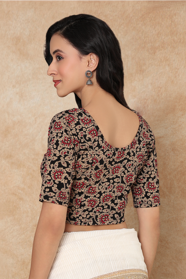 Black Floral Printed Lycra Blouse (RF-0302-BLCK)
