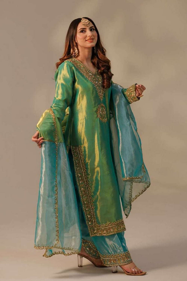 Green Embroidered Organza Palazzo Suit Set