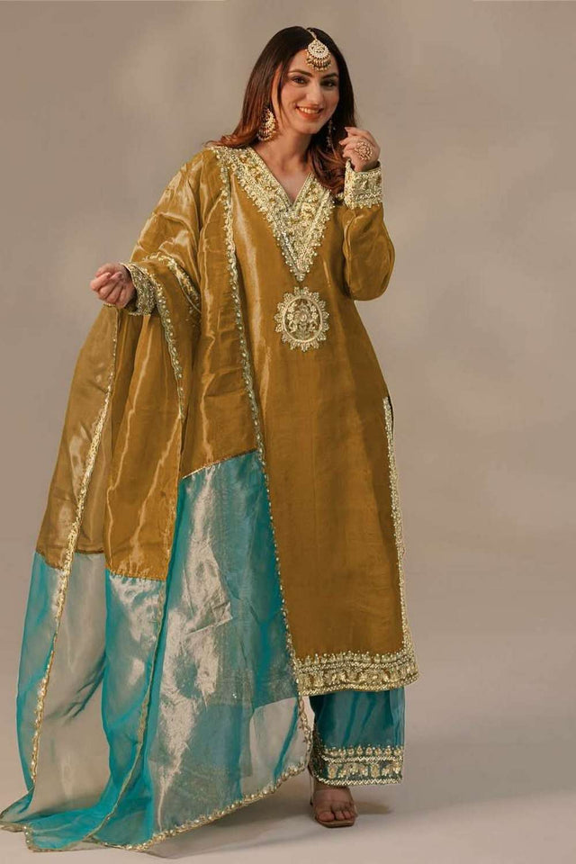 Mustard Embroidered Organza Palazzo Suit Set