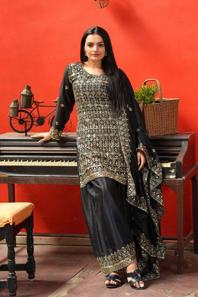 Black Embroidered Silk Sharara Suit Set