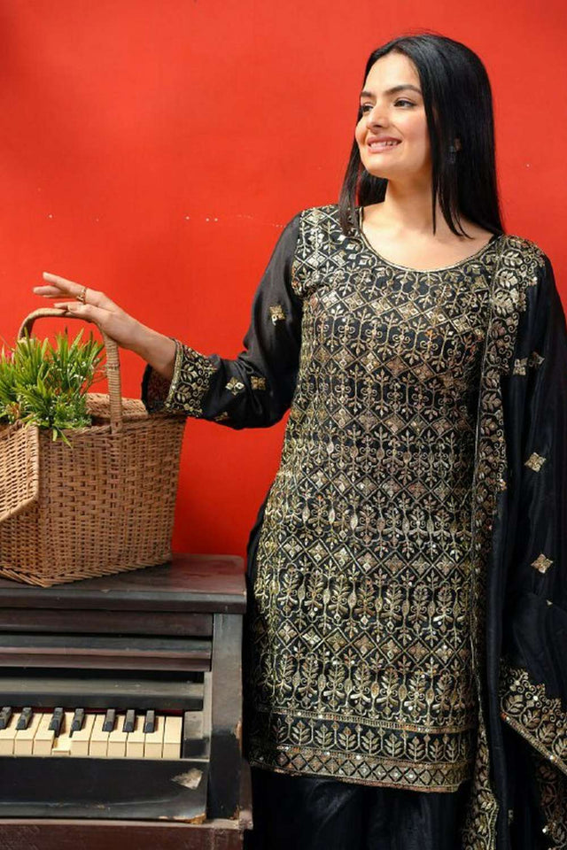 Black Embroidered Silk Sharara Suit Set