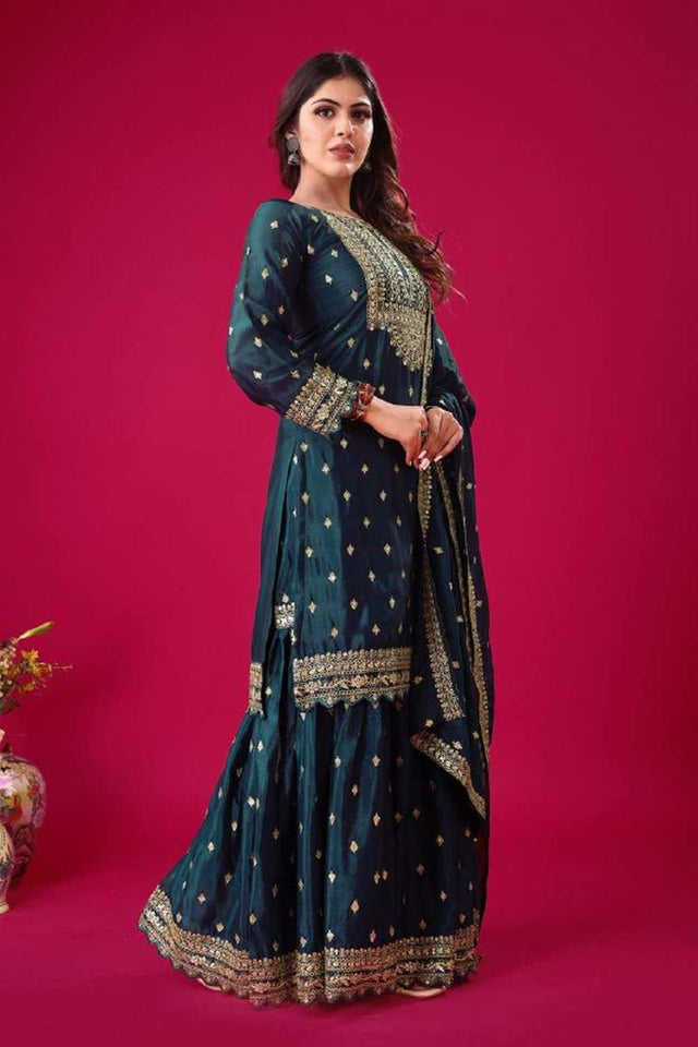 Blue Embroidered Silk Sharara Suit Set