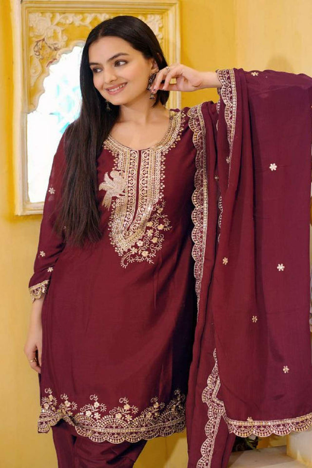 Maroon Embroidered Silk Patiala Suit Set