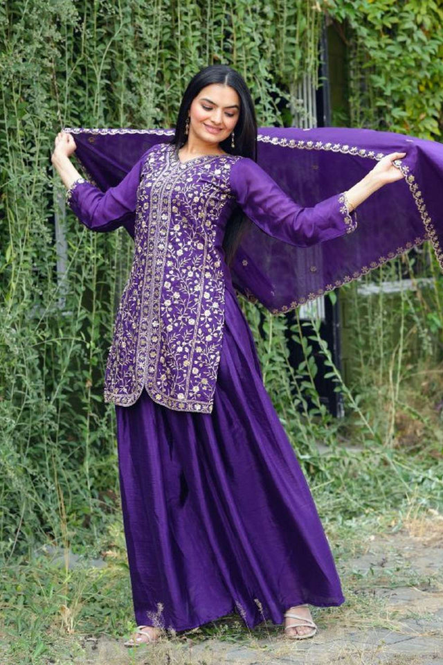 Violet Embroidered Silk Sharara Suit Set