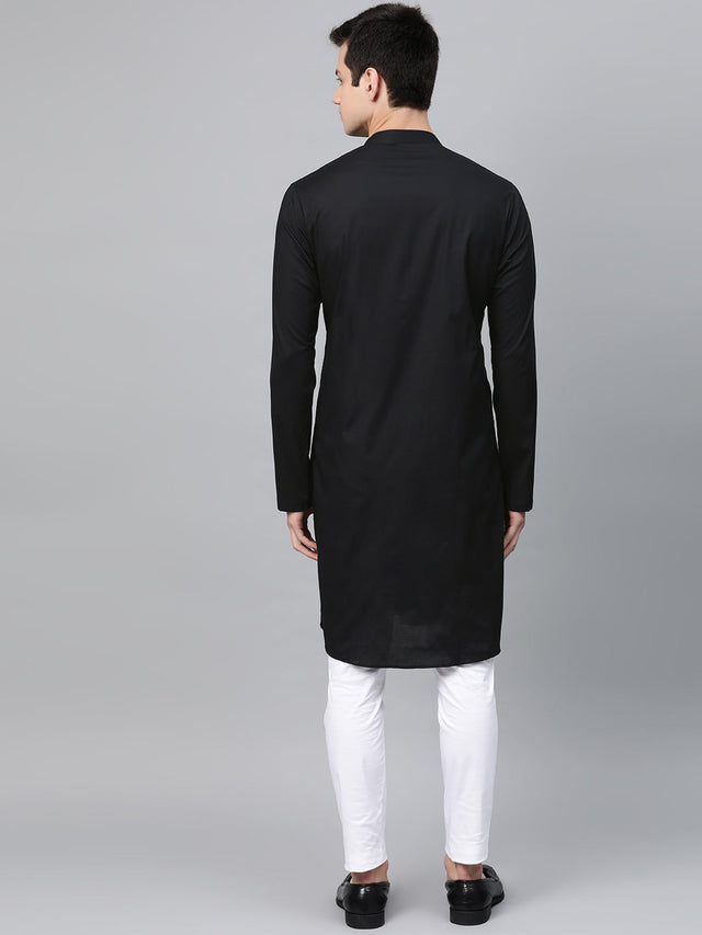 Men's Black Cotton Thread Work Embroidered Straight Kurta Top (Size: XS)