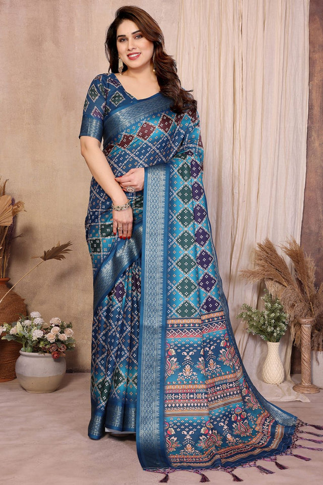 Blue Printed Cotton Silk Saree (BANDHEJ1-BLUE)