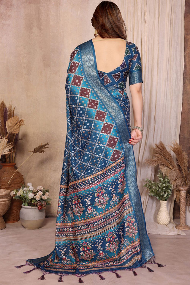 Blue Printed Cotton Silk Saree (BANDHEJ1-BLUE)
