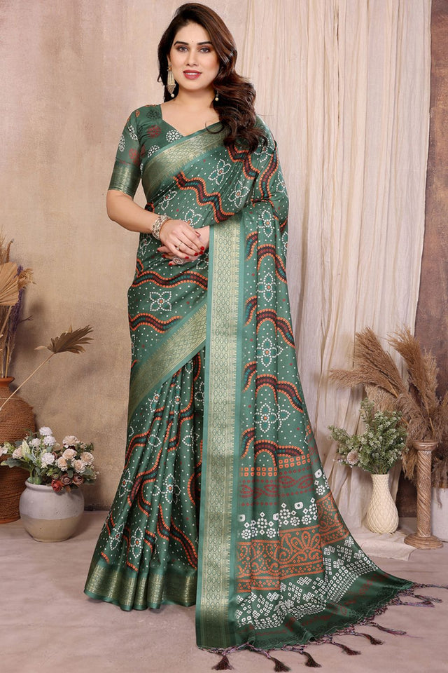 Green Printed Cotton Silk Saree (BANDHEJ1-GREEN)