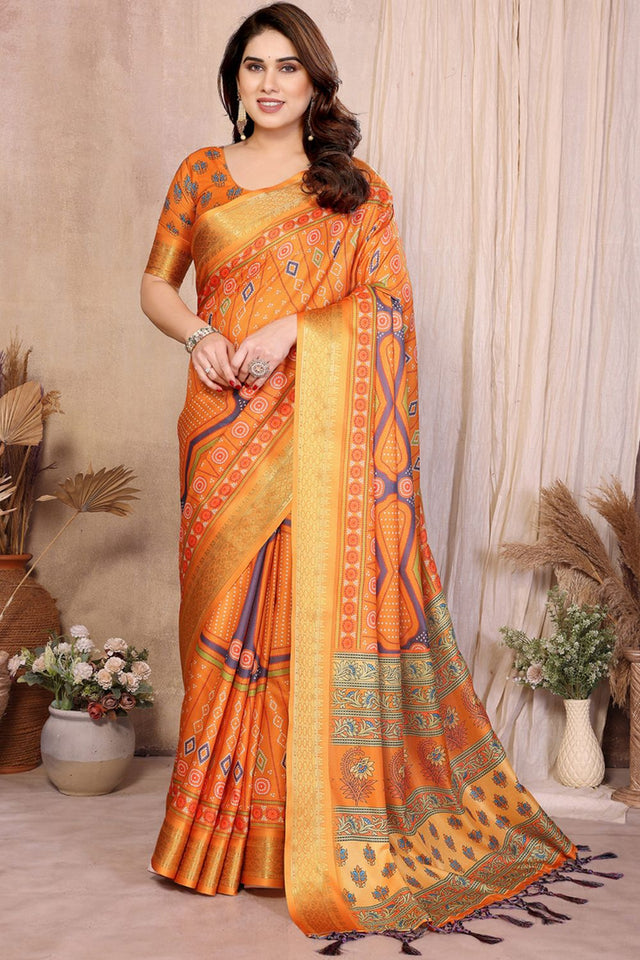 Mustard Printed Cotton Silk Saree (BANDHEJ1-MUSTARD)