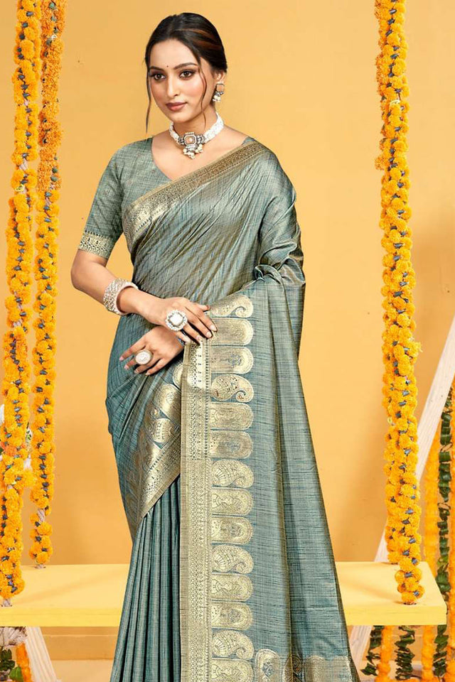 Turquoise Woven Silk Saree
