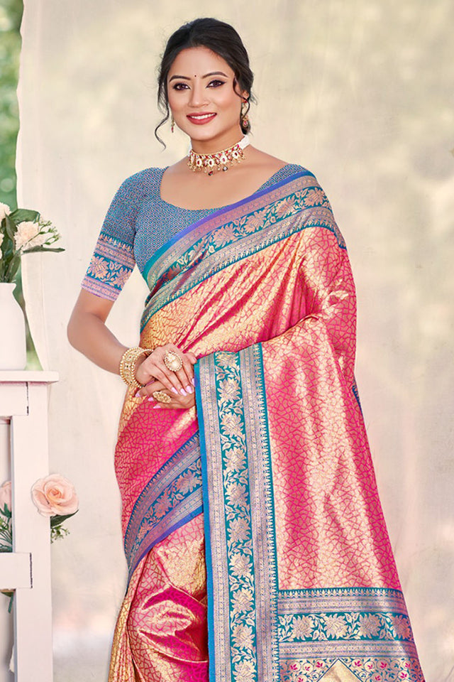 Pink Woven Silk Saree