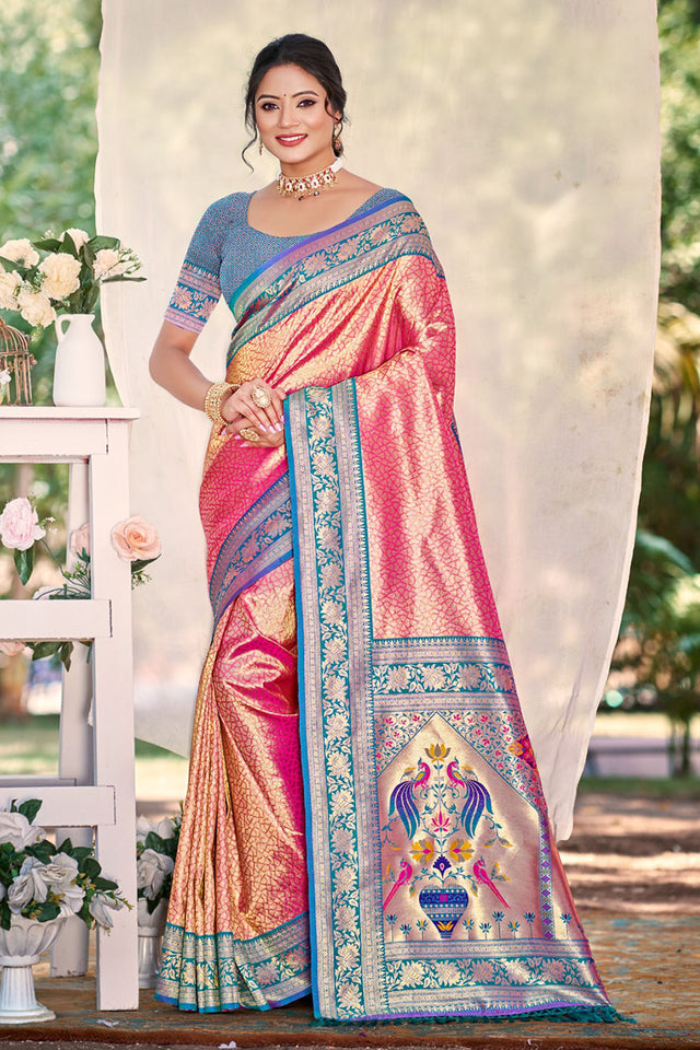 Pink Woven Silk Saree