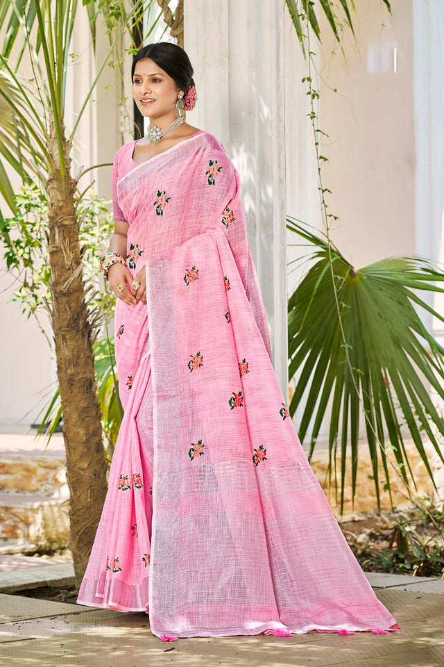 Pink Embroidered Linen Saree