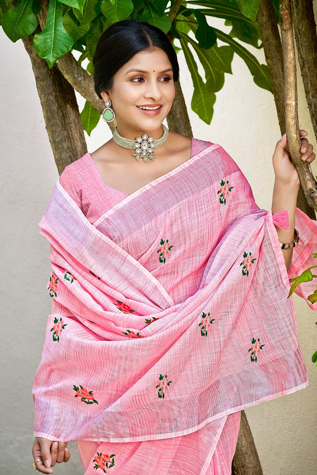 Pink Embroidered Linen Saree