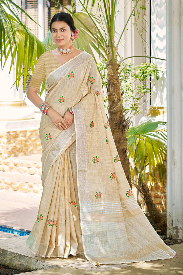 Cream Embroidered Linen Saree