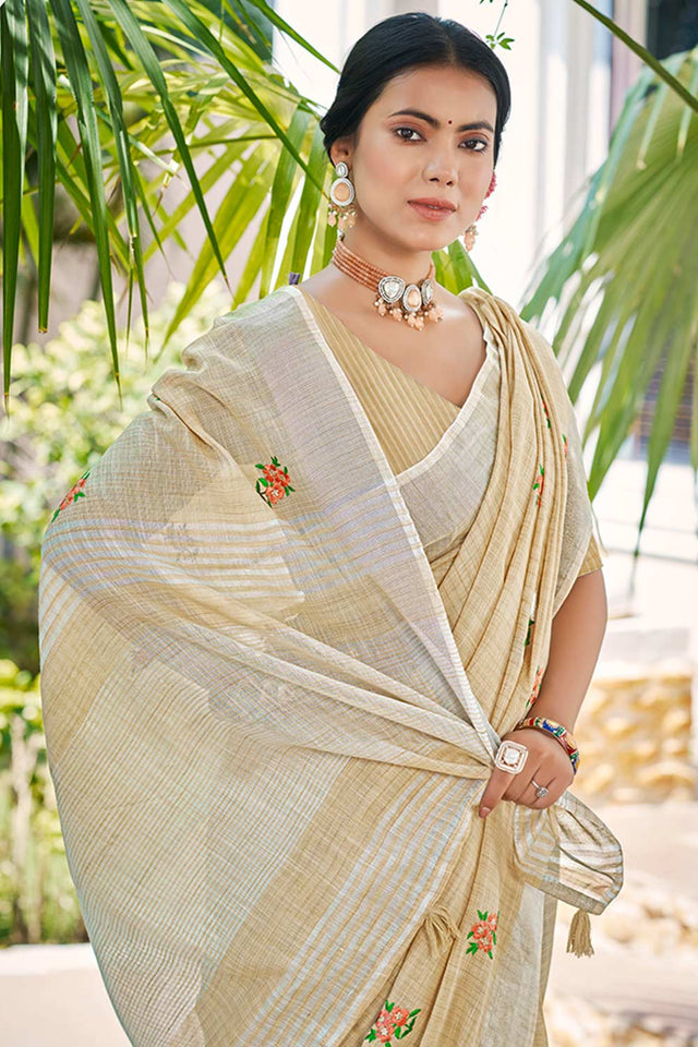 Cream Embroidered Linen Saree