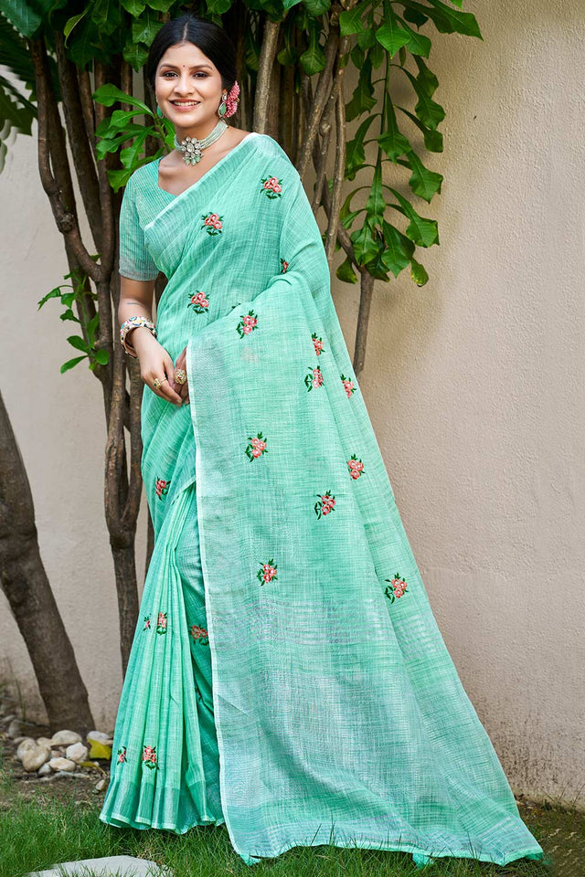 Sea Green Embroidered Linen Saree