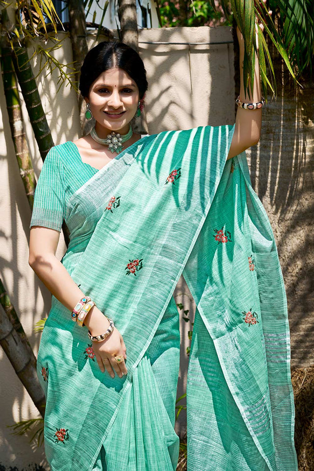 Sea Green Embroidered Linen Saree