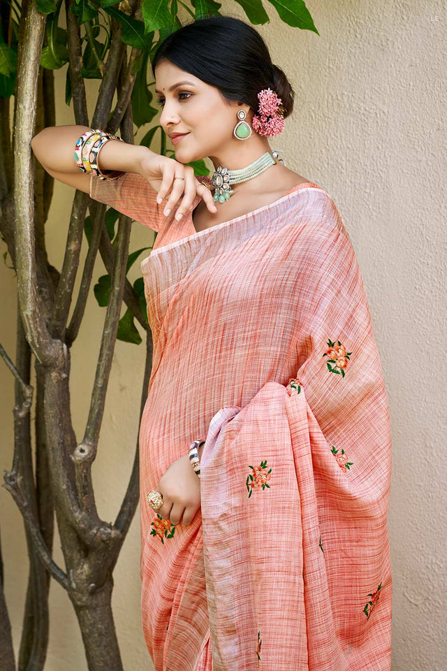 Peach Embroidered Linen Saree