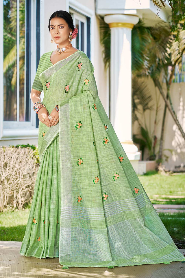 Olive Green Embroidered Linen Saree