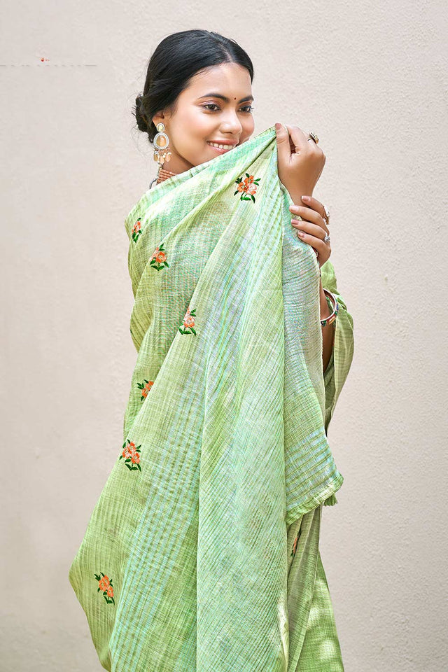 Olive Green Embroidered Linen Saree
