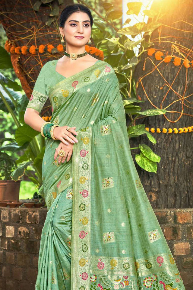 Sea Green Woven Silk Saree