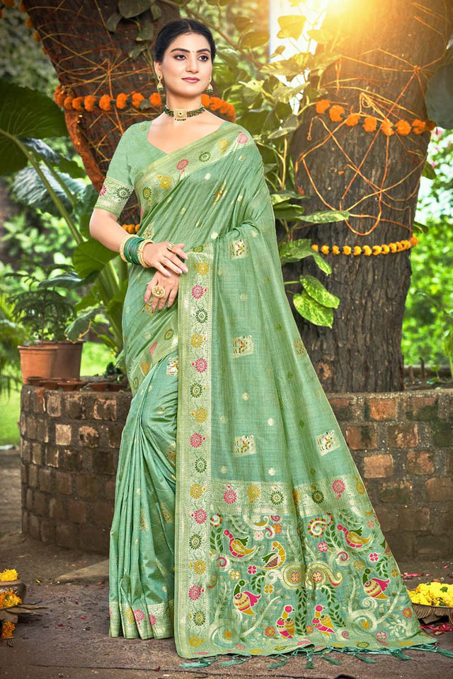 Sea Green Woven Silk Saree