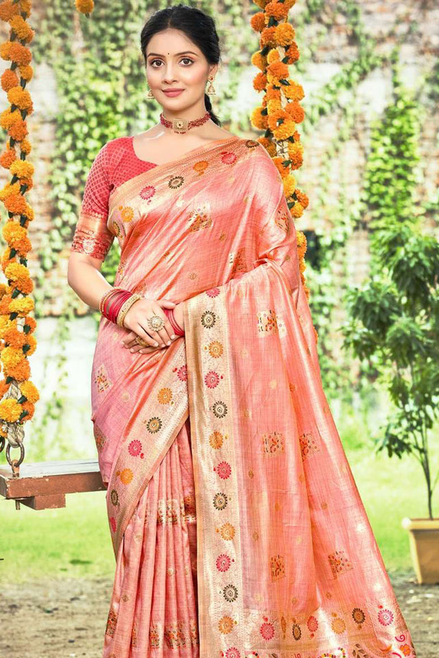 Peach Woven Silk Saree