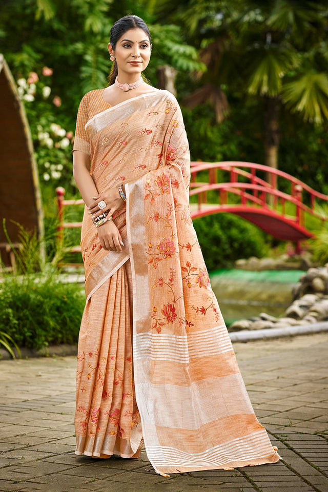 Peach Floral Printed Linen Saree