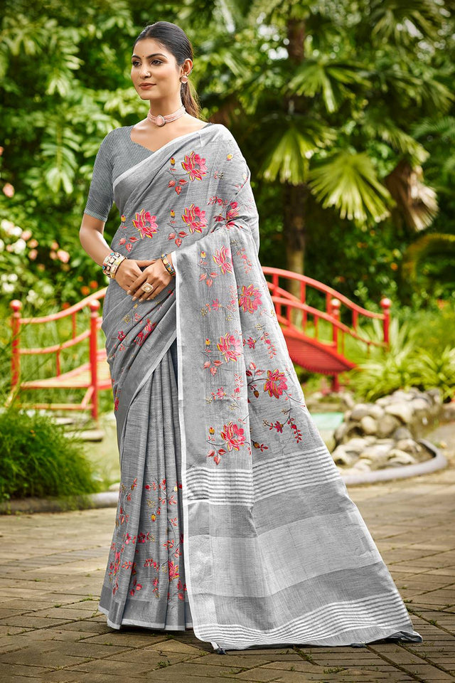 Grey Floral Printed Linen Saree