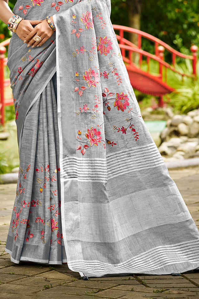 Grey Floral Printed Linen Saree