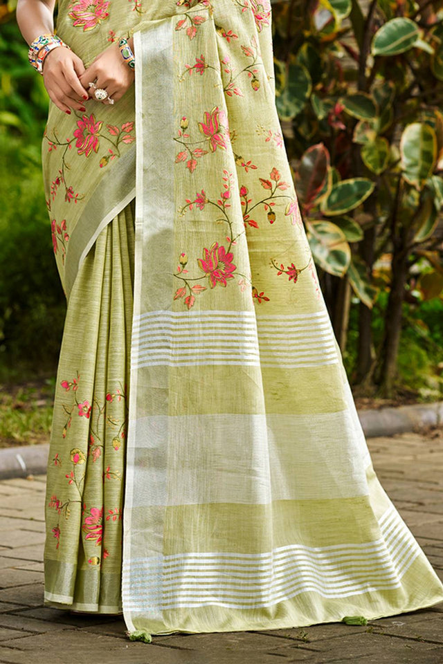 Green Floral Printed Linen Saree