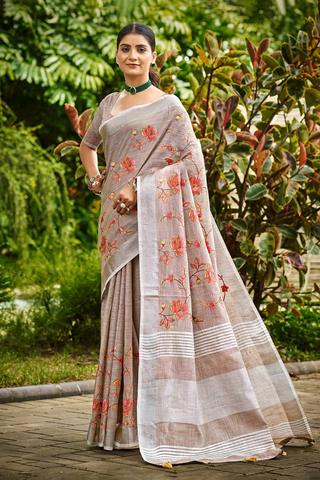 Grey Floral Printed Linen Saree