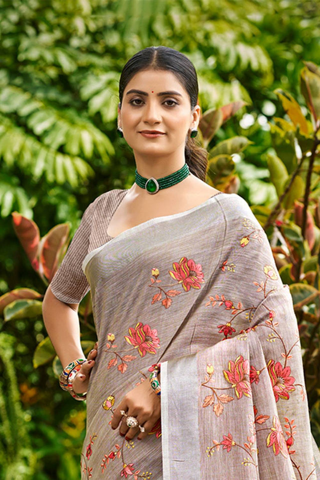 Grey Floral Printed Linen Saree