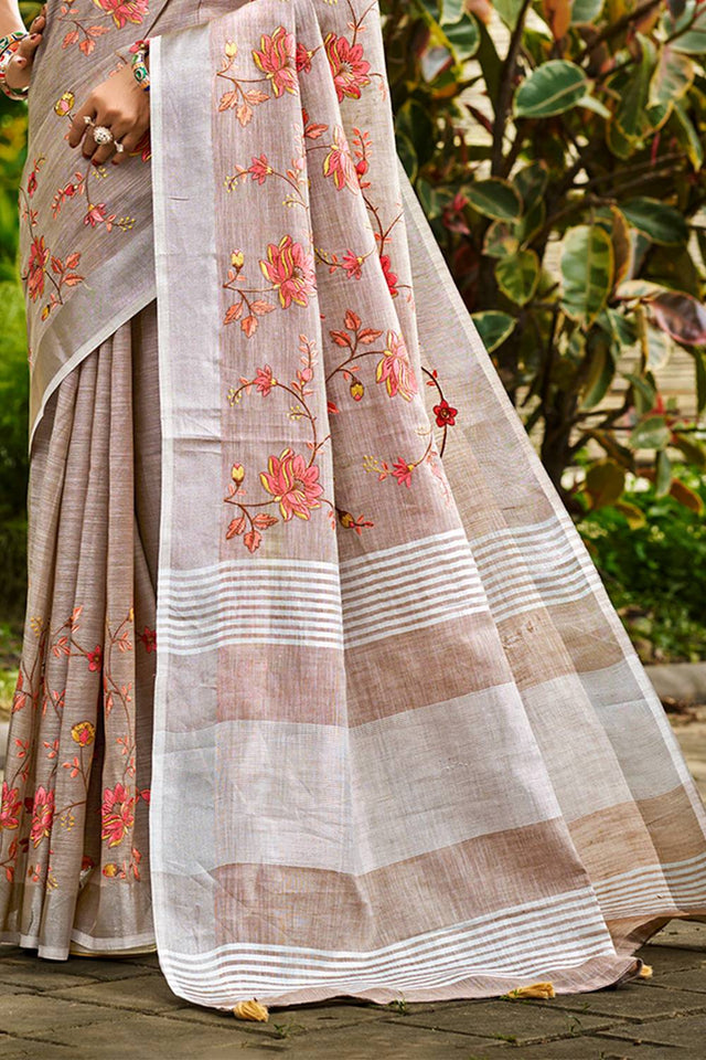 Grey Floral Printed Linen Saree