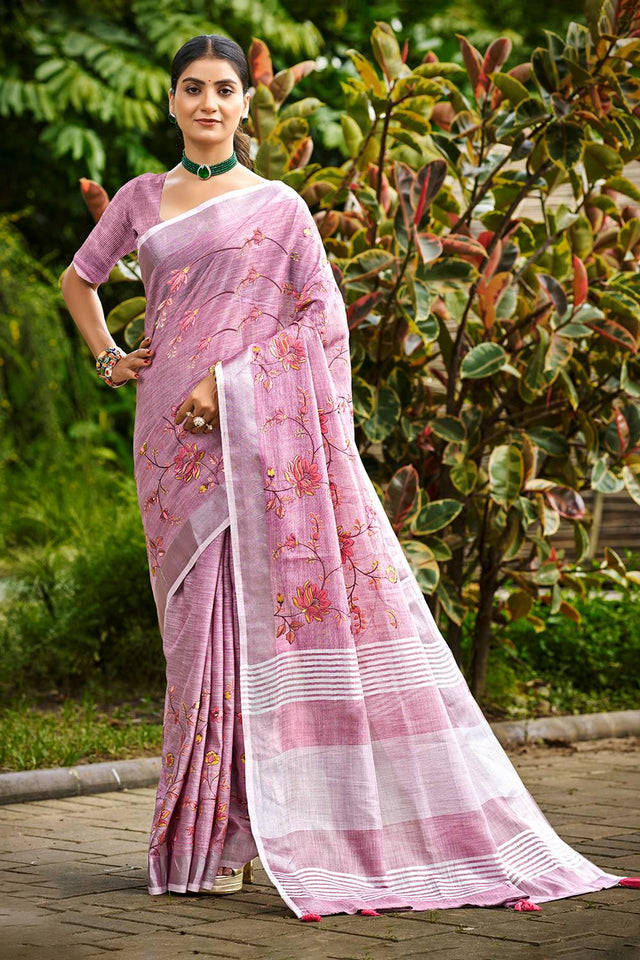 Lavender Floral Printed Linen Saree