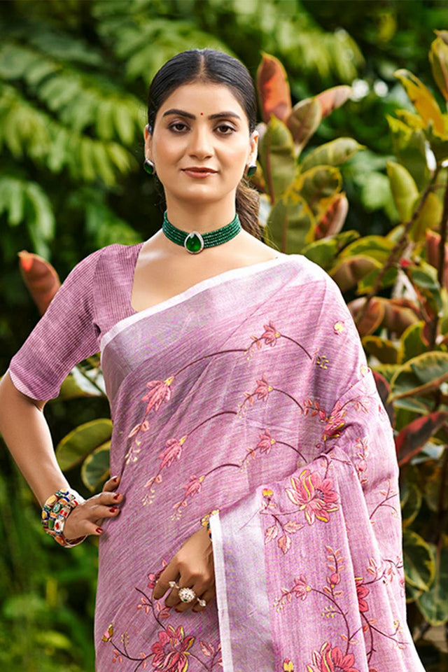 Lavender Floral Printed Linen Saree