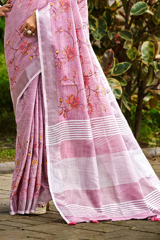 Lavender Floral Printed Linen Saree