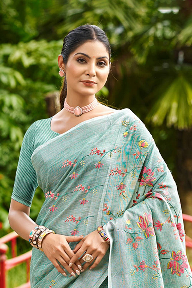 Green Floral Printed Linen Saree