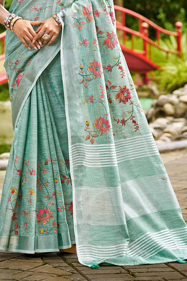Green Floral Printed Linen Saree