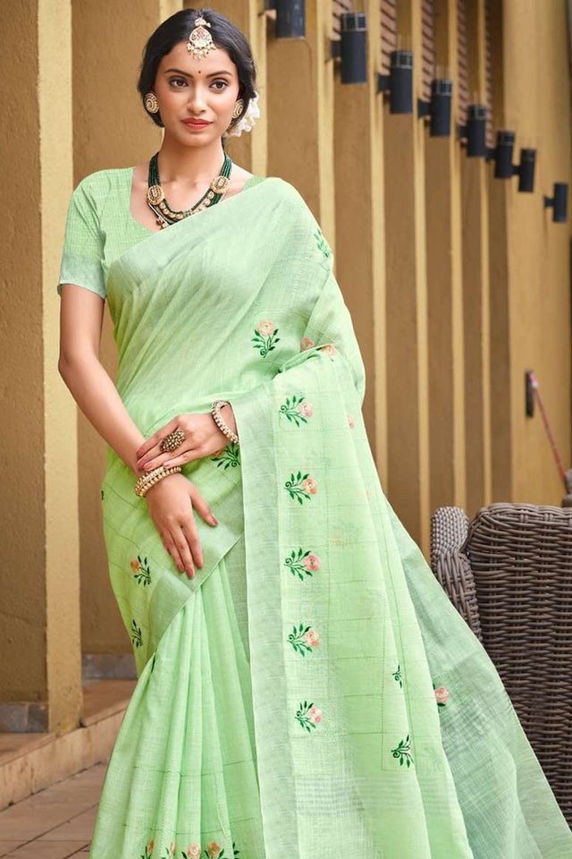 Turquoise Woven Linen Saree
