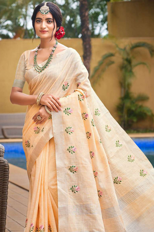 Cream Woven Linen Saree